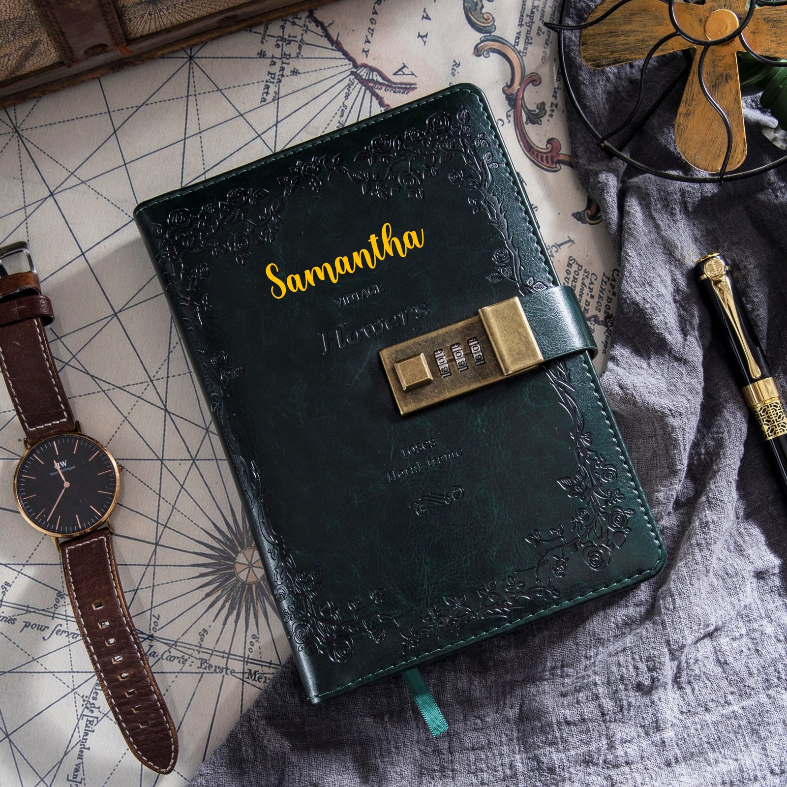 Personalized Vintage Journal with Numeric Lock (Green)
